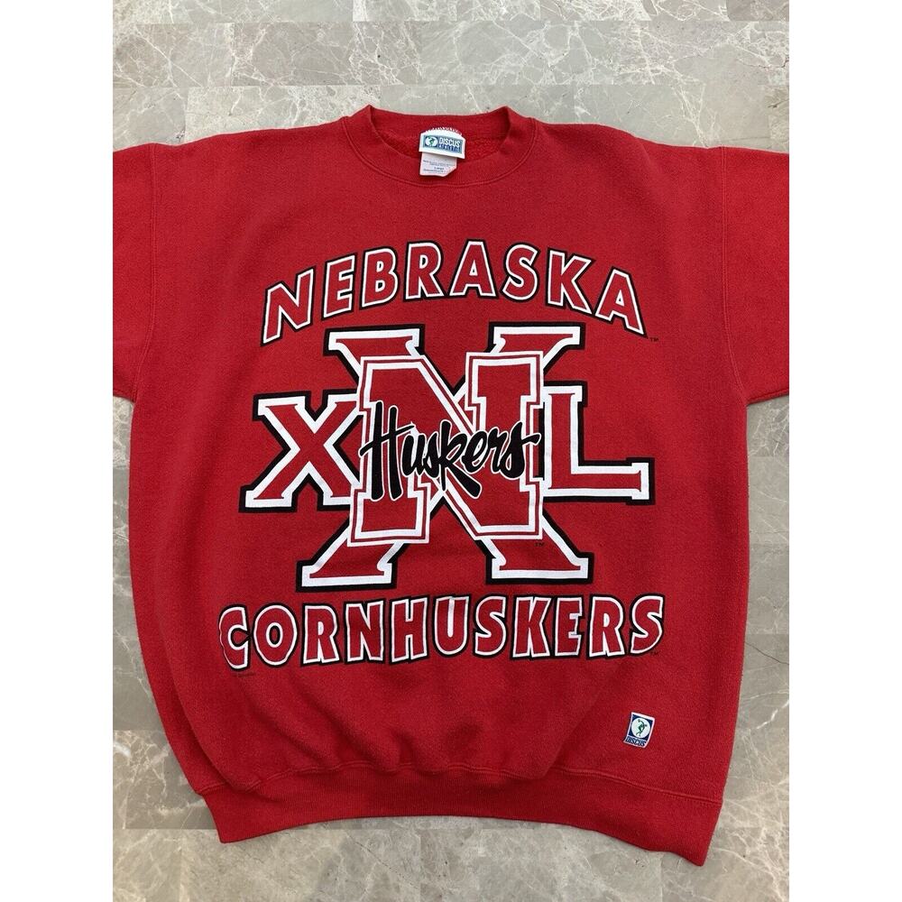 Vintage Nebraska Cornhuskers Sweatshirt Mens L 90s AOP Big Print Sweater Red USA